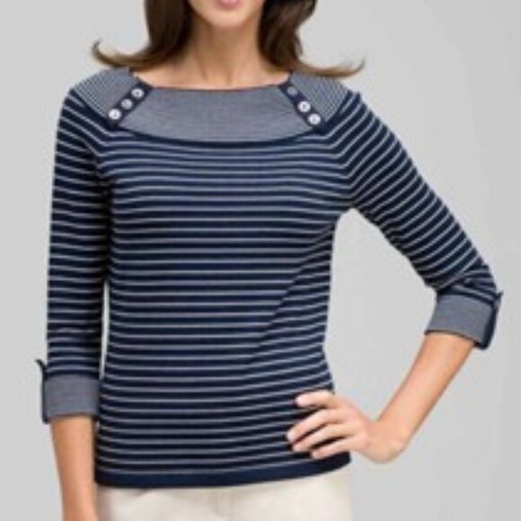 Claire France 3/4 Sleeve Boat Neck Knit Navy and White Striped Sweater sz xl - Picture 1 of 16